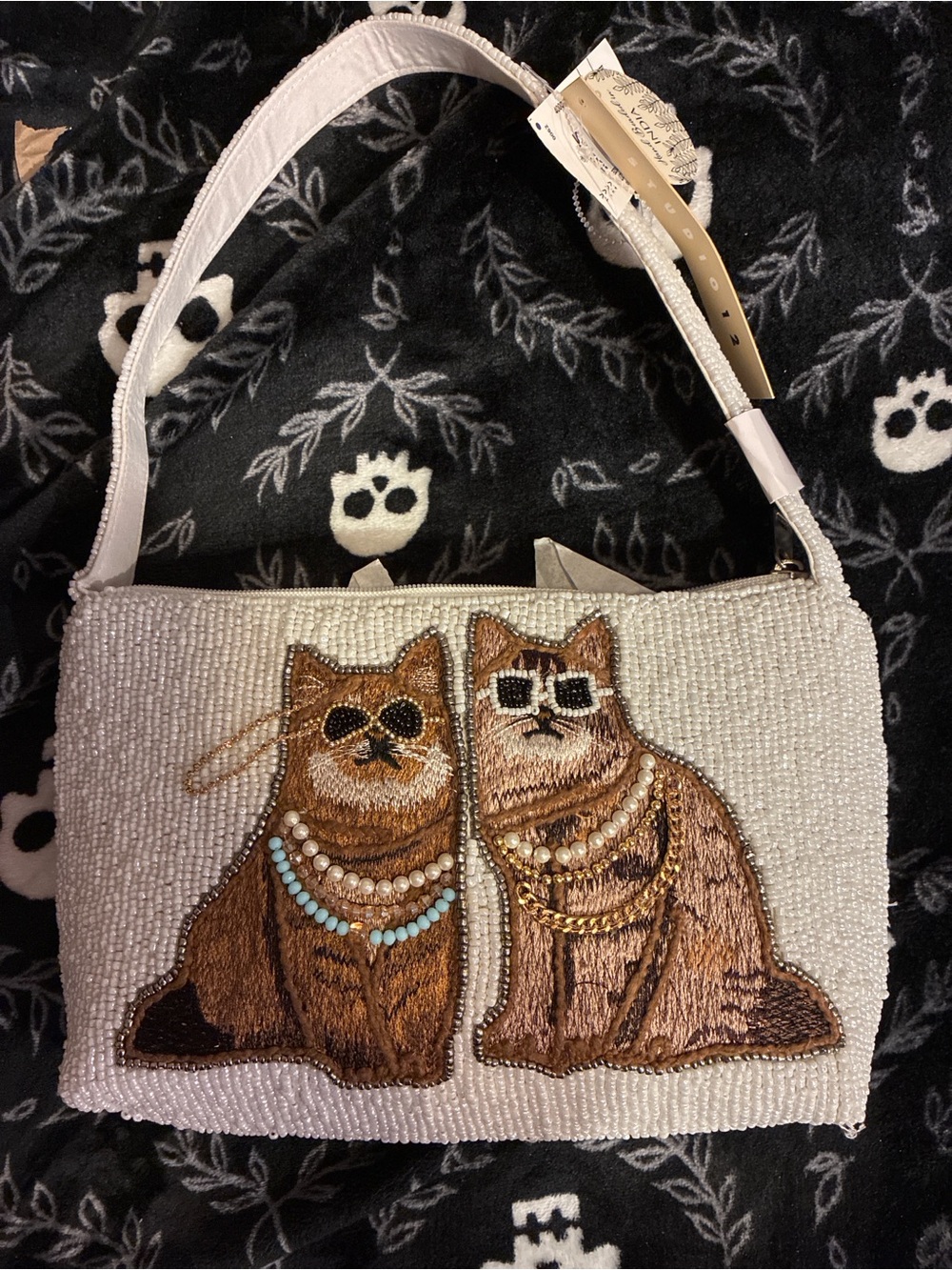 White Beaded Cat Embroidered Shoulder Bag with Pearl Detail